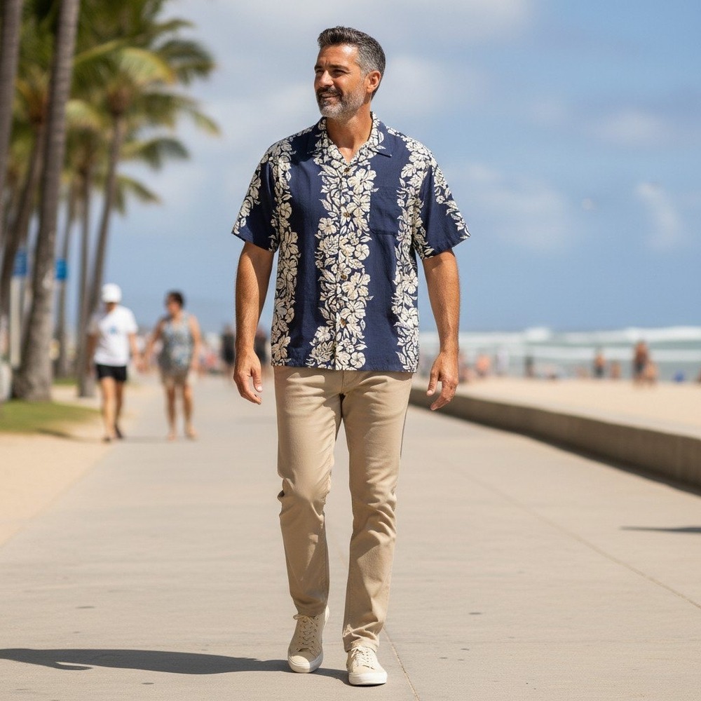 Pineapple‎ Connection Hawaiian Shirt L Navy Blue Hibiscus Floral Camp Collar